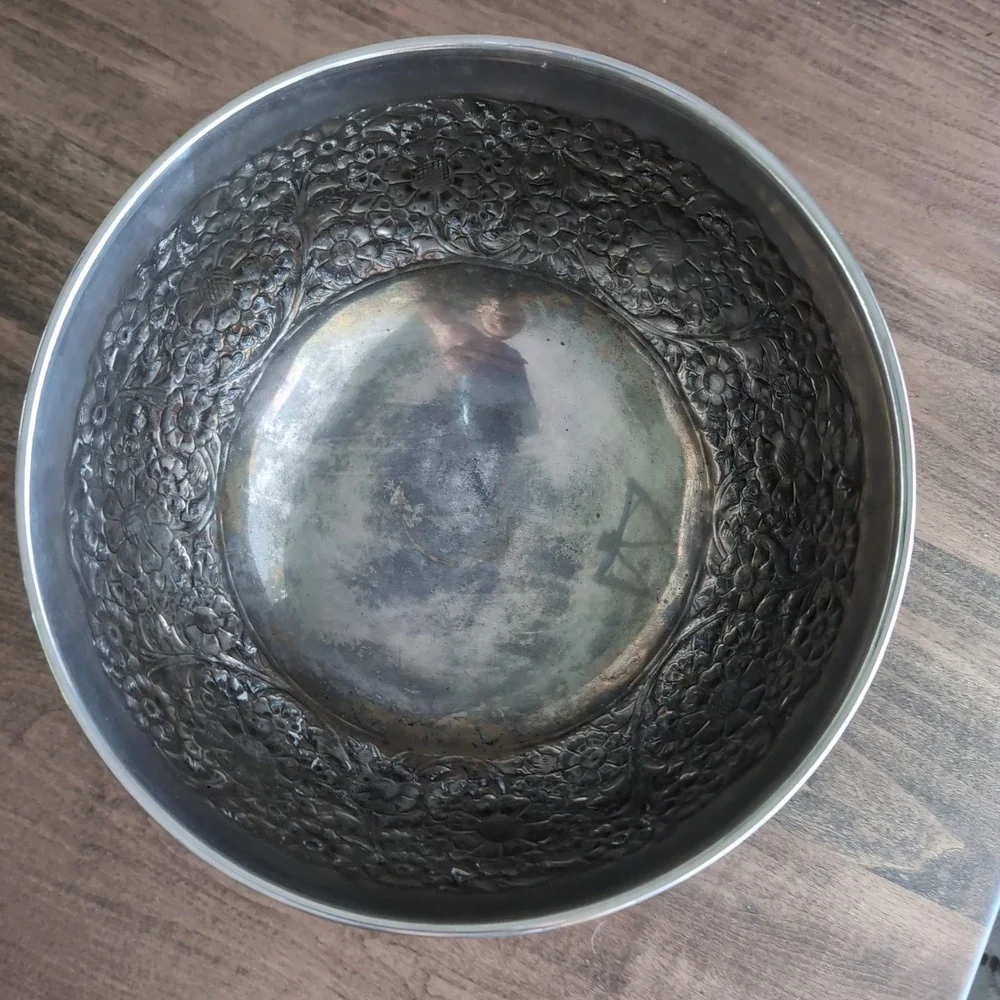 EPNS Floral Embossed Pedestal Bowl Silver Made in India Large Ornate Centerpiece